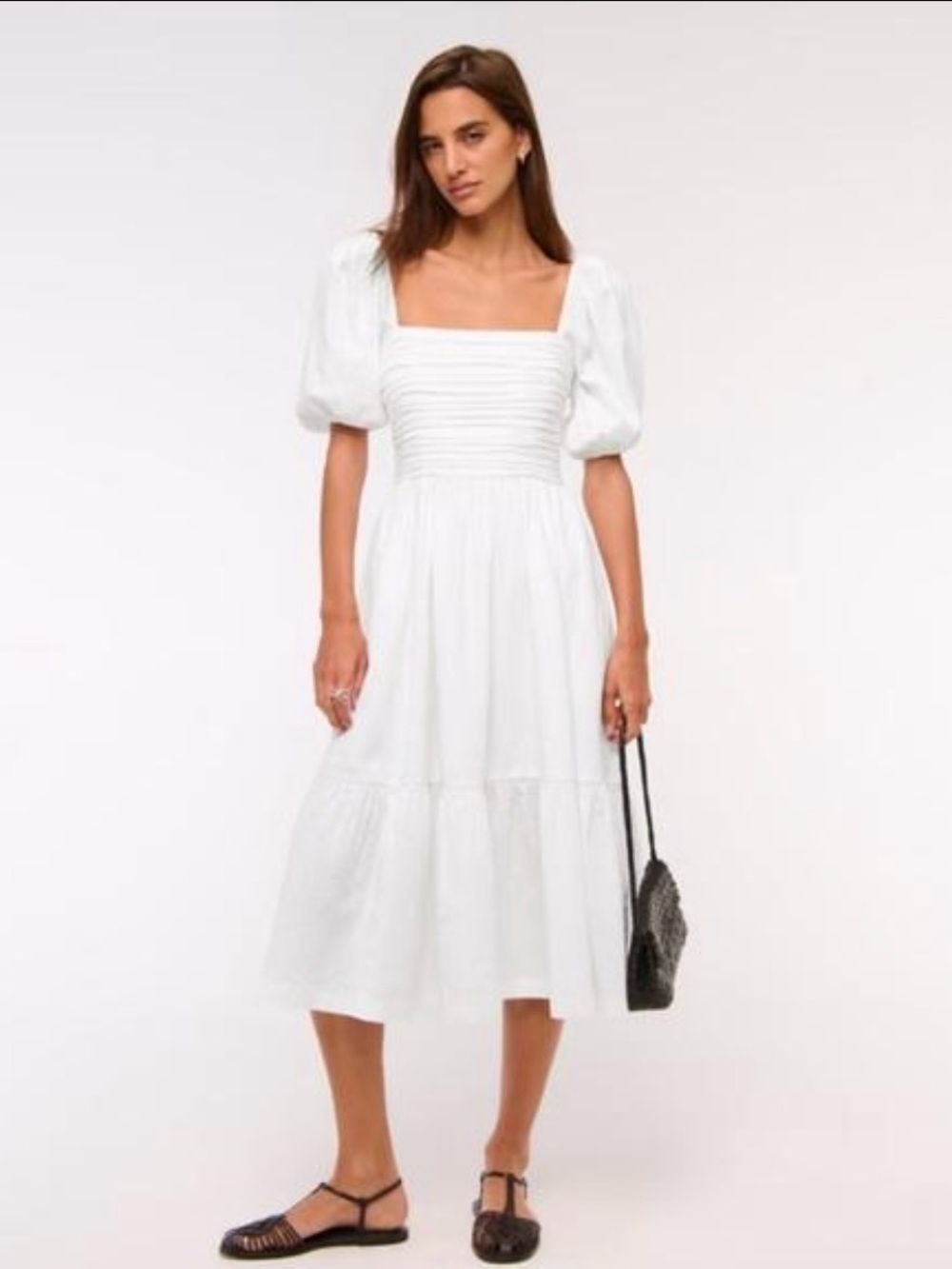 Abercrombie & Fitch Emerson Poplin Puff Sleeve White Linen Midi Dress